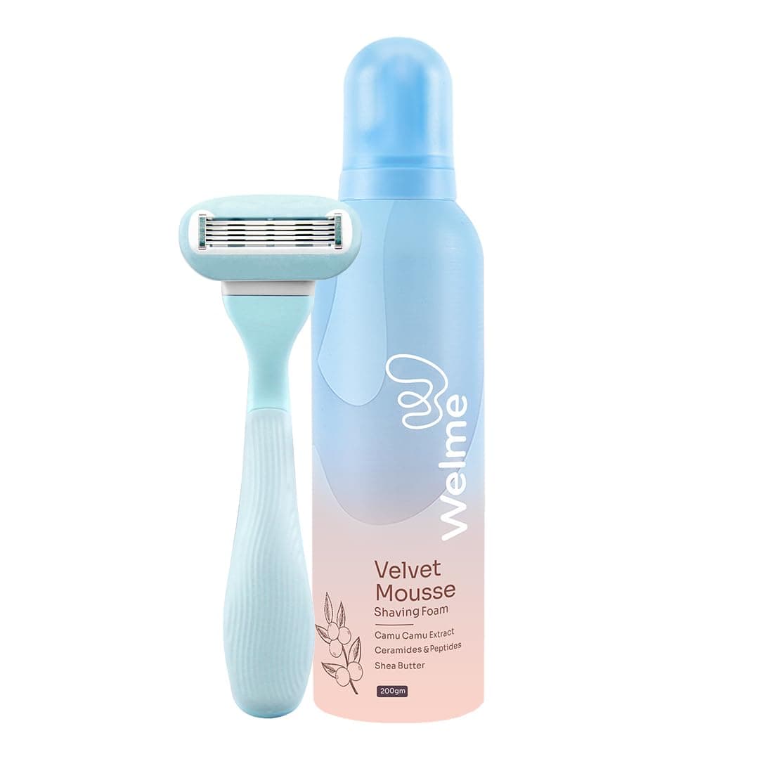 Welme Velvet Mousse Shaving Foam with Pink Razor Combo | Aloe vera and Vitamin E For Smoother Skin | Full-Body Hair Removal - Bikini, Arms, Legs, Sensitive Areas, Underarms, Bikini | 200ml (Blue)