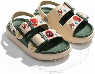 Generic Kids Sandals e, Beige and Green, Adjustable Buckle Straps, Comfortable