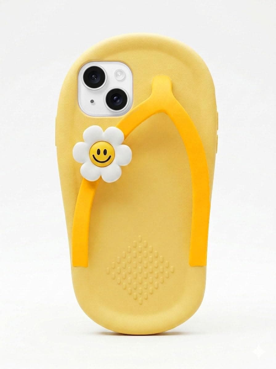 amazon basics 3D Flip Flop Design Silicon Back Cover for iPhone 15 - Slipper Shape Soft Case with Smiley Daisy Flower, Shockproof Protection, Cute & Funny Aesthetic Case for Girls & Women