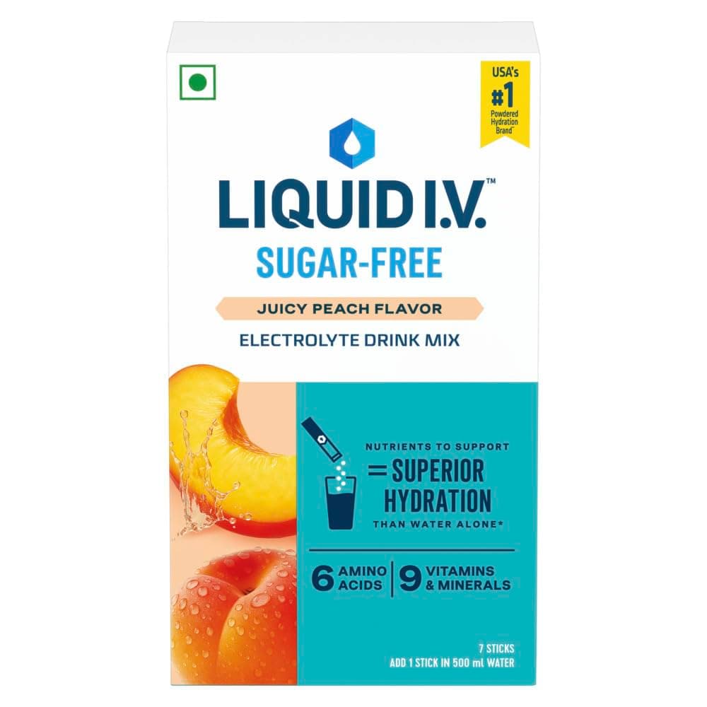 Liquid I.V. Sugar Free - Juicy Peach | 7 Sticks = 3.5L Water | Hydration Drink Mix Powder 10g |Sodium, Potassium & Magnesium Hydration Drink|No Sugar