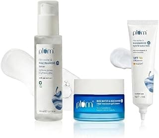 Plum Niacinamide & Rice Water Glow & Protect Trio | Toner 150ml, Moisturizer 50g & SPF 50 Sunscreen 50g | Brightening Skincare Routine