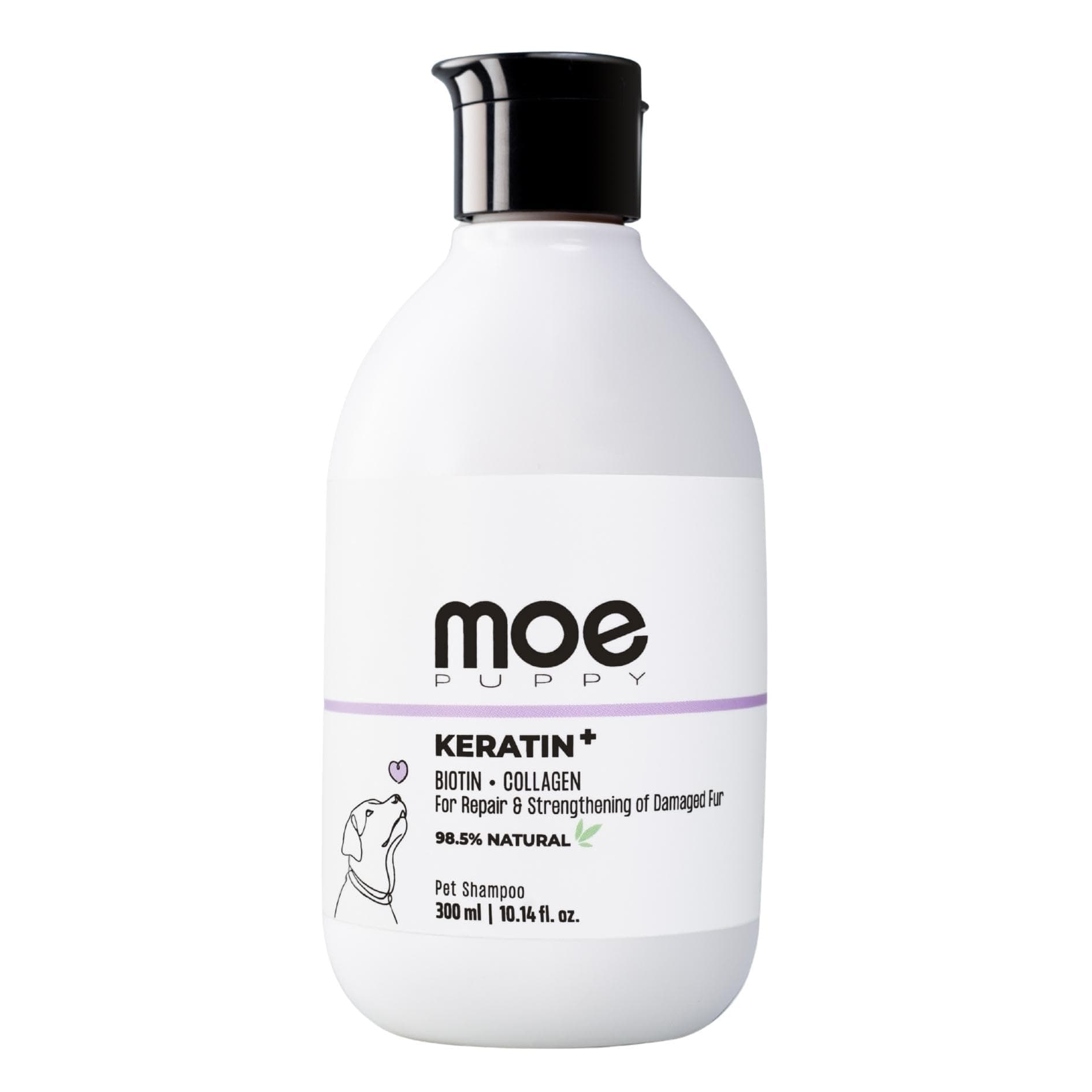 Moe Puppy's Keratin+ Protein Shampoo for Dogs & Cats, Shed Control, Repair & Strengthen Damaged Fur, Long Lasting Scent, Moisturizing, Natural Formula for Soft, Shiny Coat (300ml)