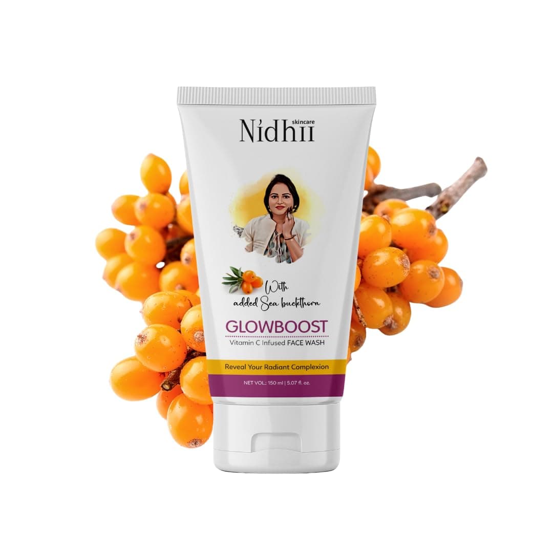 Nidhii Skincare GlowBoost Vitamin C Face Wash with Sea Buckthorn, Licorice, Neem & Ashwagandha | Brightening & Deep Cleanser for Glowing Skin | Reduces Pigmentation & Boosts Collagen (150 ml)
