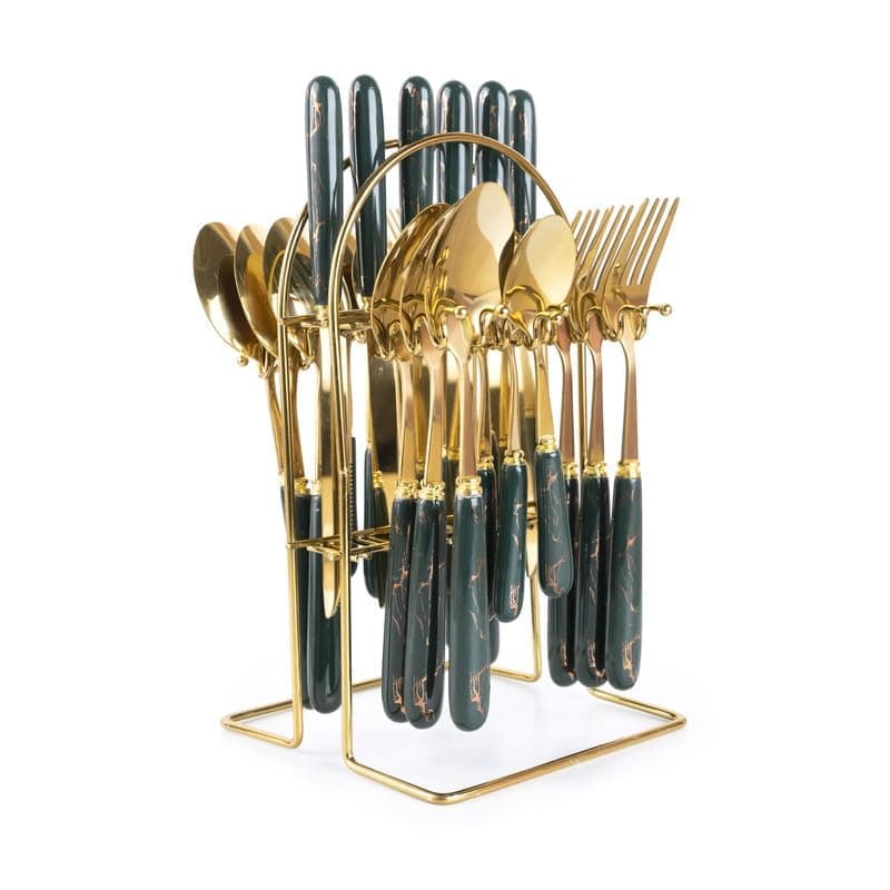 MGeezz Stainless Steel Spoons, Forks & Knives Set of 24 with Stand and Ceramic Handle (Forest Green)