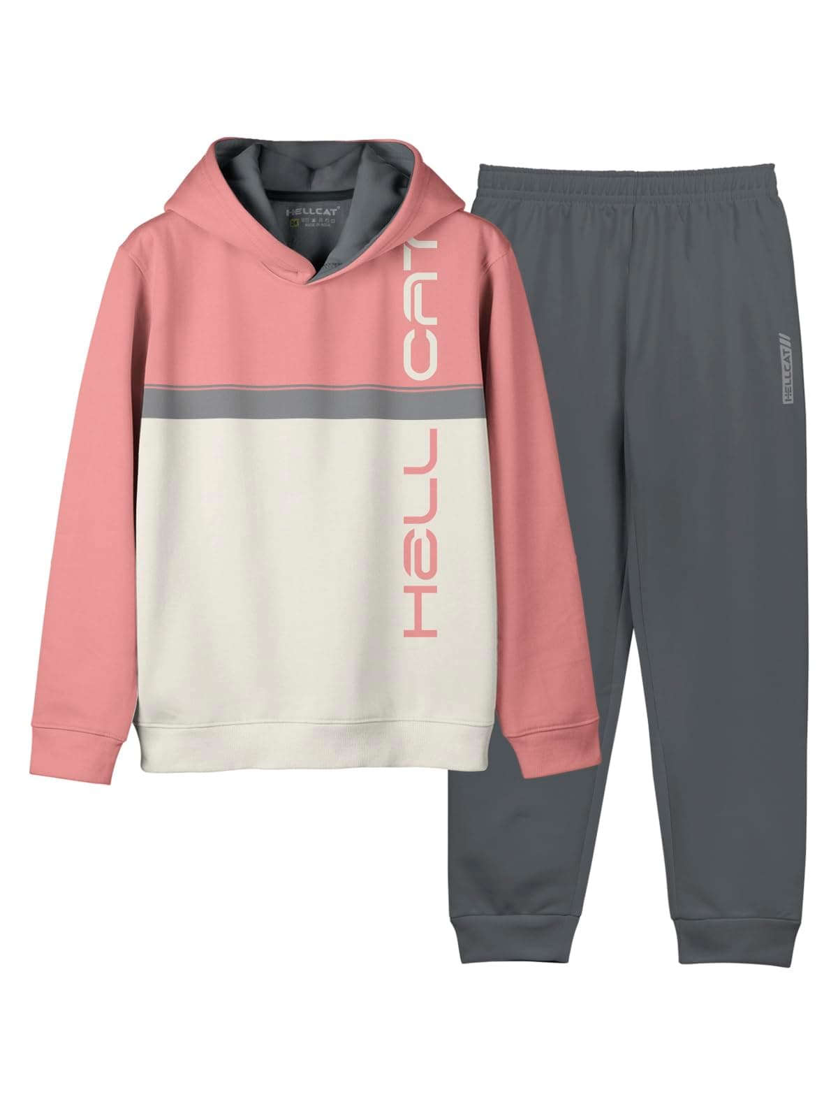 HELLCAT Trendy Printed Cotton Blend Full Sleeve Hoodie T-Shirt Jogger Trackpant Clothing Set for Girls Pink/Dark Grey 13-14 Years