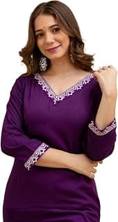 Generic Women Rayon Straight Kurta | Purple Embroidered V Neck Kurti for Women | 3/4 Sleeve Ethnic Wear