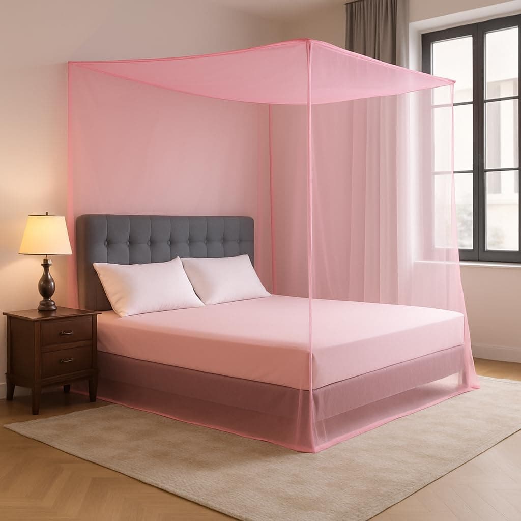 Evafly Mosquito Net for Double Bed | Foldable Machardani (Without Frame) | Polyester Strong & Breathable Mesh 6 x 6 ft | Easy Setup, Lightweight, Portable & Ideal for Daily Usage - Full Pink
