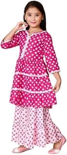 Generic Girls Pink Bandhani Printed With Cotton Flower Lace Kurta With Sharara