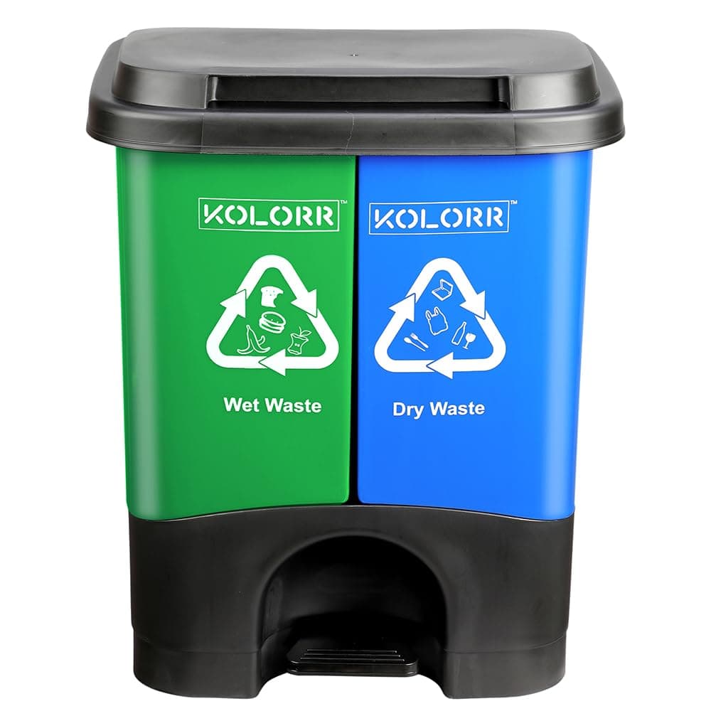 KOLORR Twin Bin 33 Liters Dustbin Dry & Wet Waste Pedal Dustbins / 2 In 1 Dustbin Trash Can/Plastic Garbage Bins with Lid for Home Kitchen - Blue & Green Colour – Large Size