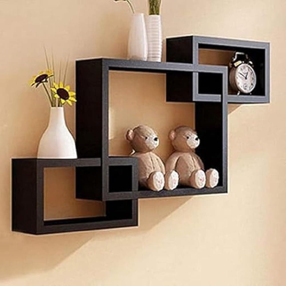 Dime Arts Shoppee Floating Wall Shelf Hexagon Display Shelves Set of 3 for Home Living Room Floating Wall Shelves - Set of 3 | Stylish Wooden Wall Mounted Shelving (Black)