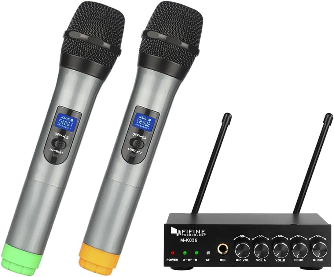 FIFINE K036 UHF Dual Channel Wireless Handheld Microphone, Easy-to-use Karaoke Wireless Microphone System