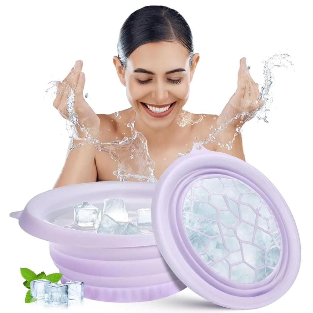Facial Cold Plunge Bowl kit- Face Bowl for Ice, Portable Foldable Silicone Ice Facial 𝖡owl for Puffiness, Skin Relief & Beauty Care, Includes Reusable Cubes (PINK)