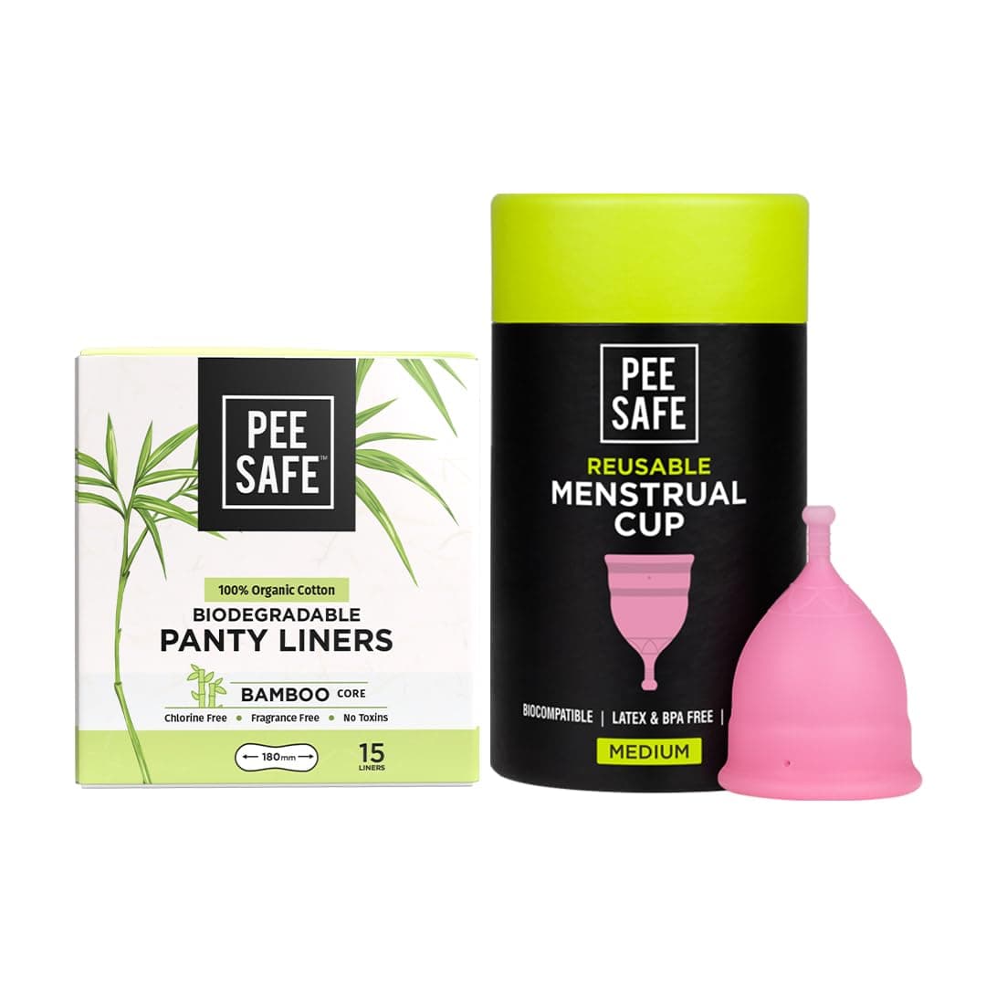 PEESAFE Menstrual Cup (Medium) & Bio Panty Liners Combo For Women|100% Biodegradable Panty Liners and FDA Approved Silicone Menstrual Cup | Extra Comfort|Menstrual Hygiene|Pink|Pack of 2