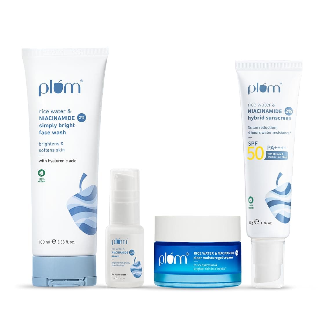 Plum Niacinamide Brightening Skincare Routine Combo | Oil-Free Hydration, Oil Control & SPF 50 PA++++ Protection | Face Wash 100ml, Serum 15ml, Moisturiser 50g & Sunscreen 50g