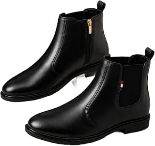 Generic Men's Black Chelsea Ankle Boot, Leather-Look Finish, Side Zipper, Elastic Panel, Versatile Formal and Casual Wear