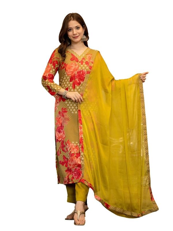 Vaamsi Women's Silk Floral Straight Printed Kurta Pant With Dupatta Set