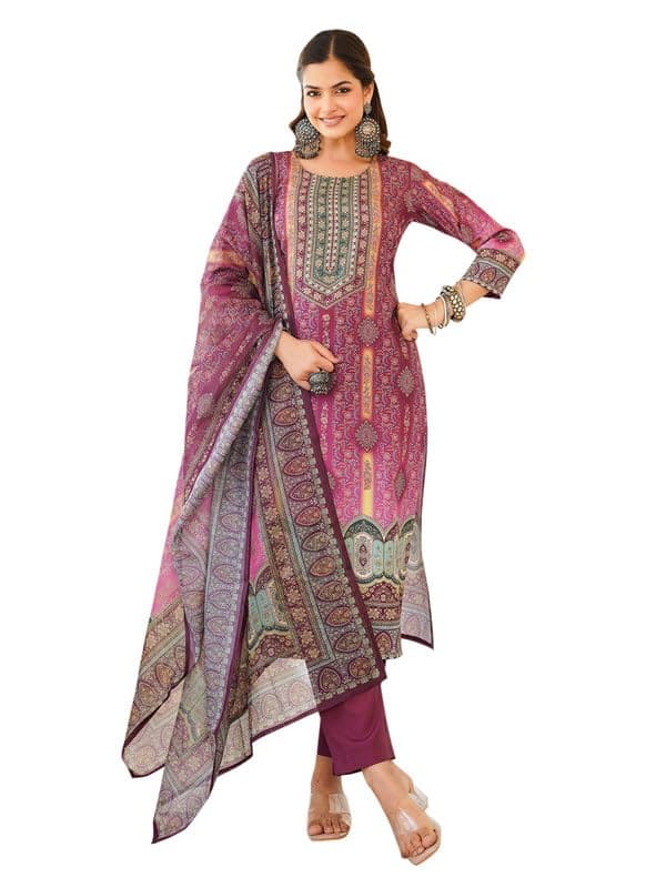 Vaamsi Women's Purple Rayon Printed Straight Kurta Pants With Dupatta Set | Festive Straight Kurta Set For Women | Printed Salwar Suit For Women