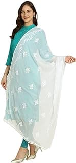 DUPATTA BAZAAR Women's White Embroidered Chiffon Dupatta With Pom Pom Lace, Free Size