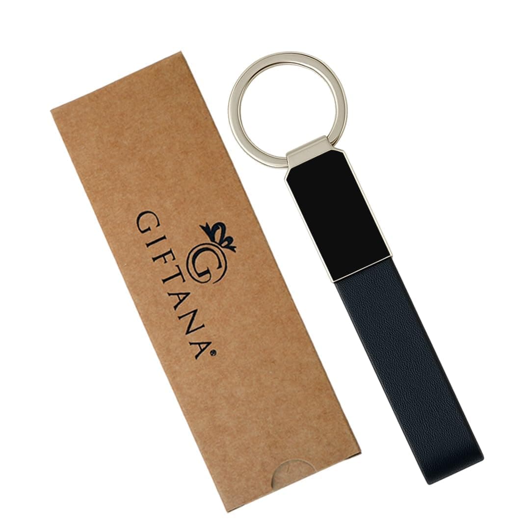 Giftana Black Leather Metal Modern Keychain for Bike, Leather Metal Key chain for Car, Silver Keyring Keychain Holder for Men, Valentines Gifts for Friends (Pack of 1)