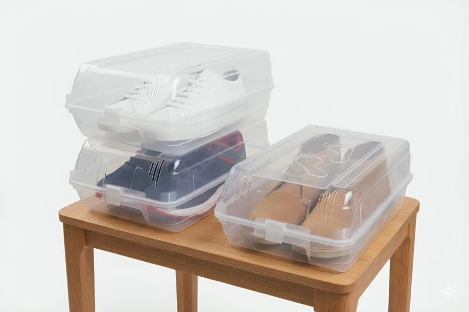 U-Max Stackable Transparent Shoe Storage Box with Locking Lid, Durable Plastic Organizer for Shoes, Plastic Organiser Container (White, 3)
