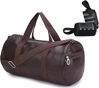 Raizex Combo Pack Of Pu-Leather Gym Bag Gym Duffel Bag With Shoulder Strap For Men's & Women's With Grey Wrist Support Band For Daily Exercise., 23 Cm