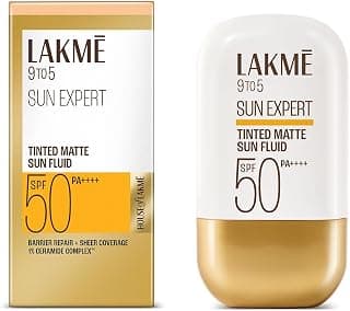 Lakme Sun Expert Tinted Dry Matte Sunscreen Fluid SPF 50+ PA++++ | 1% Ceramide Complex for Skin Barrier Repair | Sheer Coverage Foundation Like Finish – Beige (50ml)