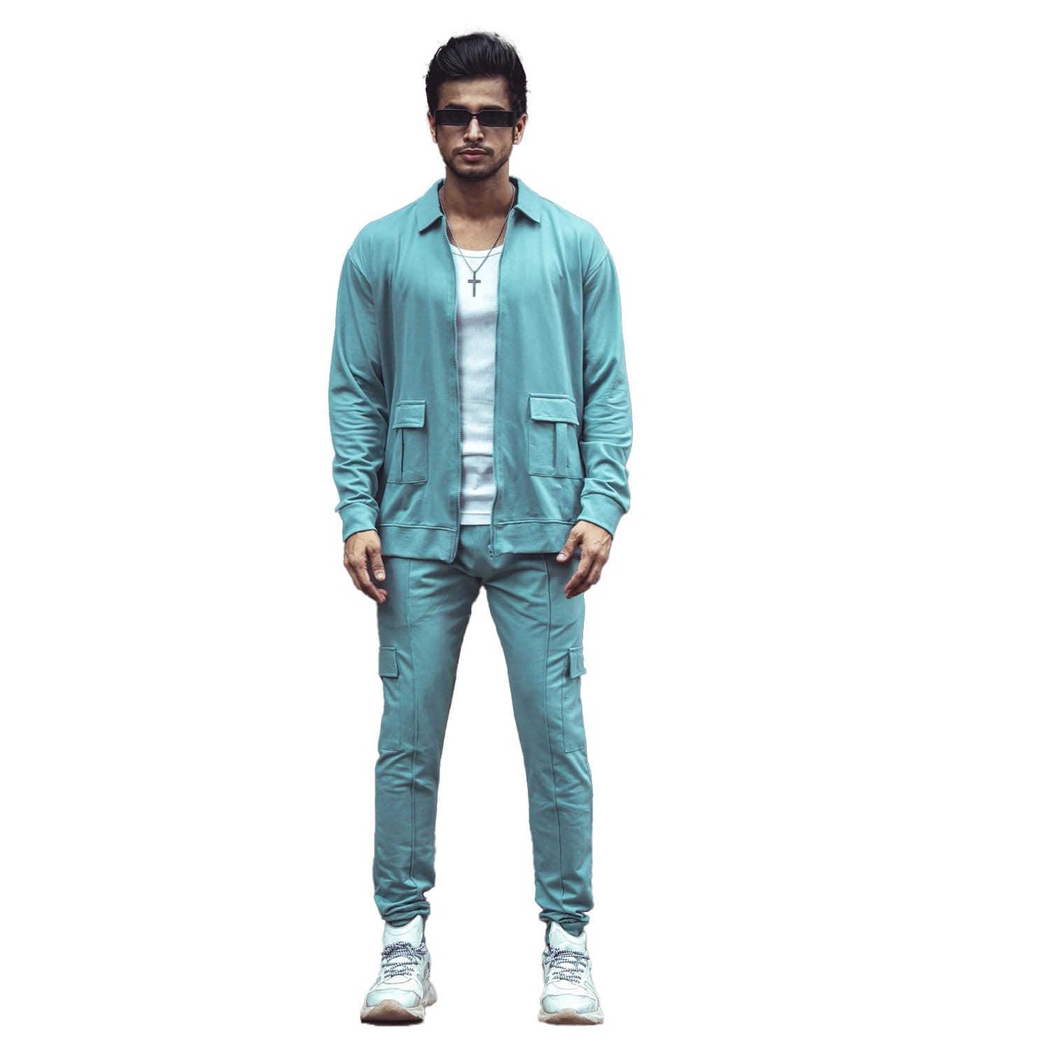 Maniac Mens Polo Neck Full Zip Full Sleeve Berly Green and Cargo pant Cotton Tracksuit