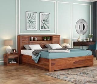 Kunjal Furniture Solid Sheesham Wood Bed with Headboard & Box Storage - Handcrafted Wooden Bed for Bedroom - Ideal for Home (Flyding Natural, King)