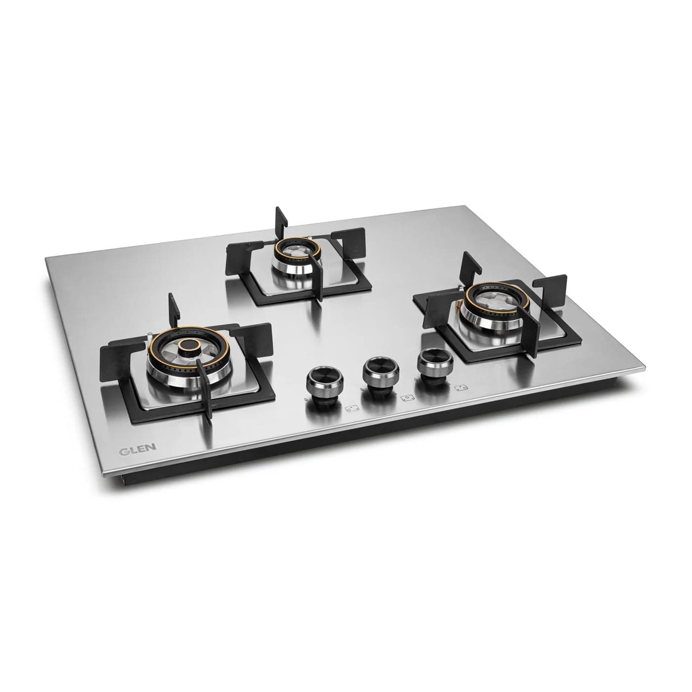 Glen Hob 3 Burner Auto Ignition Built In Hob 70 cm | Dual Use Freestanding & Built In | Ultra Tuff Stainless Steel Mini Triple Ring & Double Ring Forged Brass Burners | 2 Year Warranty