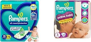 Pampers All round Protection Pants, Medium size baby diapers (M) 76 Count, Lotion with Aloe Vera & Pampers Active Baby Taped Diapers, Small size diapers, (S) 22 count, taped style custom fit