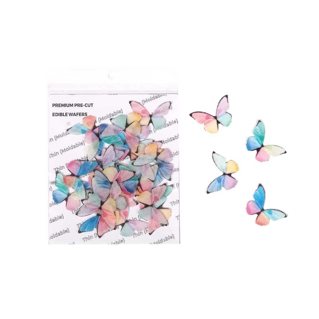 Tastycrafts Pre-Cut Wafer Paper Butterflies I Cake Topping I Edible I Stick-on Cake Décor I Decorations for Cupcake and Pastry I Rainbow Butterfly Small - 28 Pcs (WPC-037)