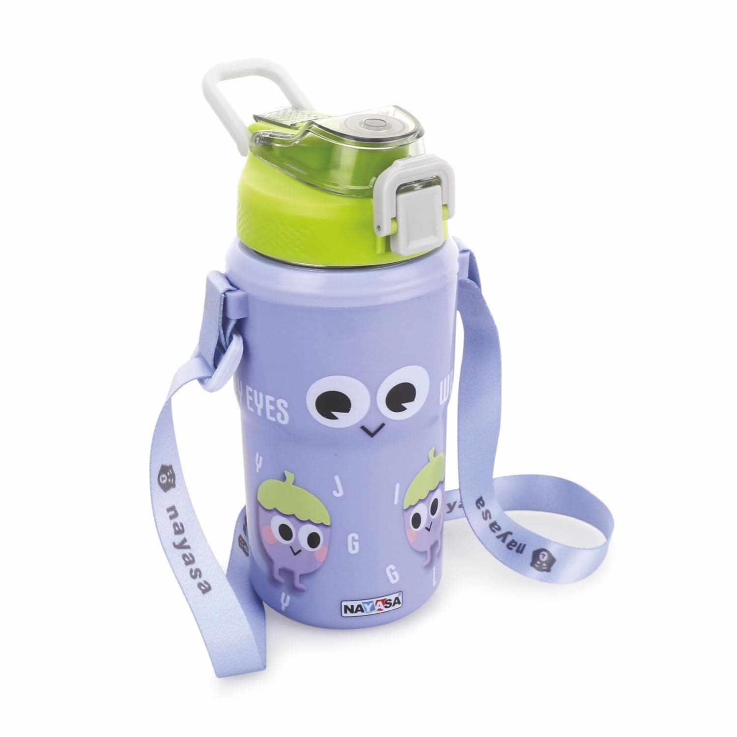 Nayasa Duo-Sip Kids Insulated Water Bottle 450ml | Dual Drinking Mode | BPA-Free & Food Grade | Brinjal Print | With Strap, Handle & Neck Band | Leakproof Bottle for School - Lavender
