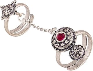 VOYLLA Brass Silver Oxidised Adjustable Two Finger Ring with Red Stone for Women and Girls