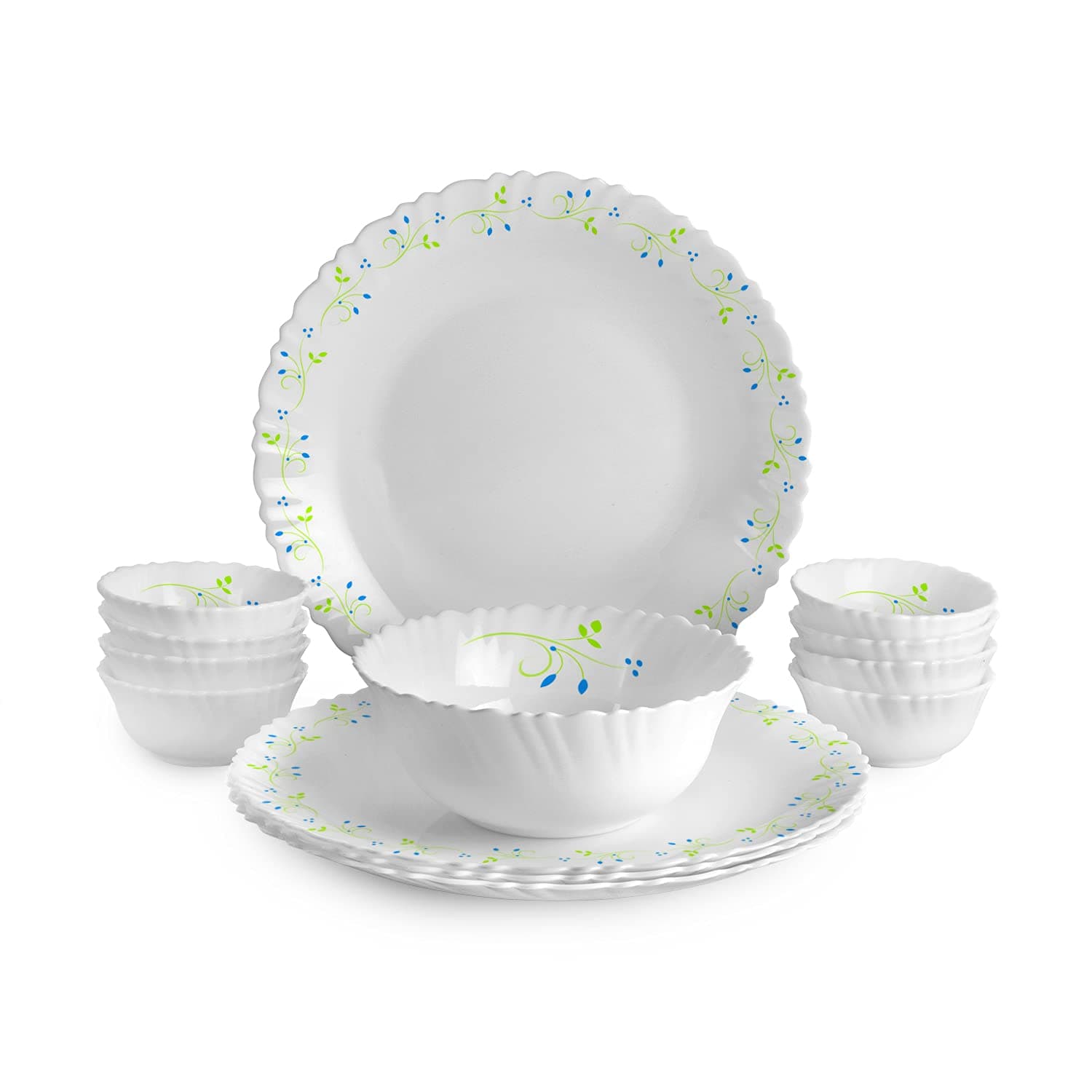 CELLO Tropical Lagoon Dazzle Series Opalware Dinner Set of 13 Pieces For Family of 4 | Bone-Ash Free & Leadfree Opal Glass, Microwave & Dishwasher Safe Plates & Bowls Crockery Set For Dining & Gifting