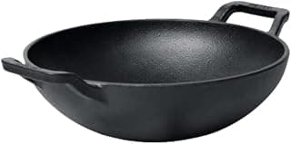 Meyer Pre Seasoned Cast Iron Kadai Without Lid | Iron Kadai for Cooking | Cast Iron Kadhai | Induction Kadai | Deep Frying Kadai | Heavy Bottom Iron Kadai, 26cm, Black