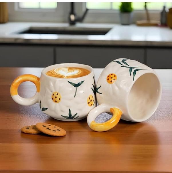 Handcrafted Ceramic Floral Coffee Mug | Daisy Flower Design Tea & Coffee Cup for Home, Office & Gifting | Microwave Safe Mug (Sunflower Set of 2)