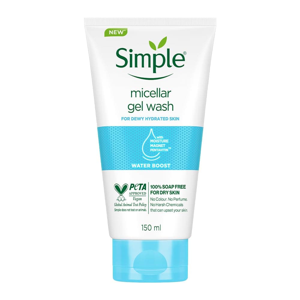 Simple Water Boost Micellar Gel Wash| 100% Soap Free | Gentle Hydrating Facewash with Prebiotics & Panthenol | Cleanser for Dry Sensitive Skin, 150 ml