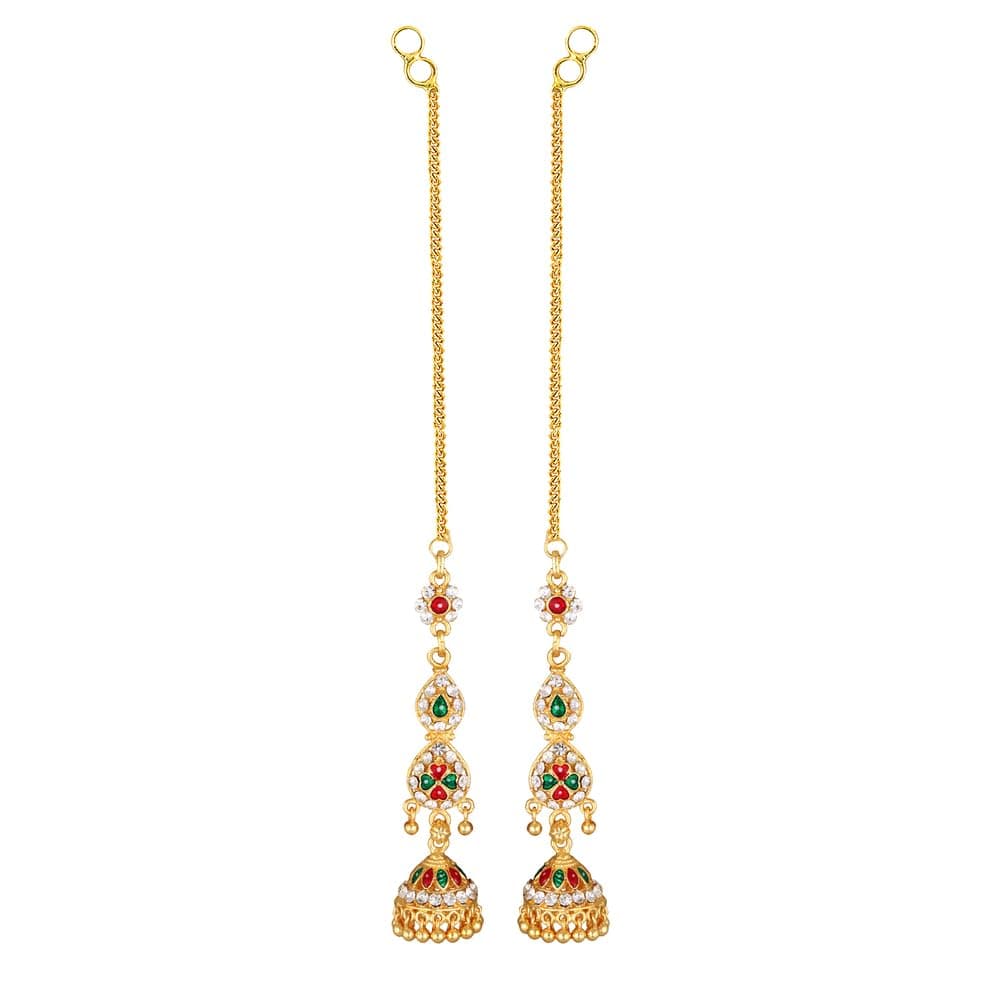 MEENAZ south indian jhumka Long Ear Chain Jhumki Earrings for Women Girls Traditional Temple 1 One Gram Gold fashion Screw Back kanoti Meenakari Hair Peacock Jhumkas Combo stylish golden 594