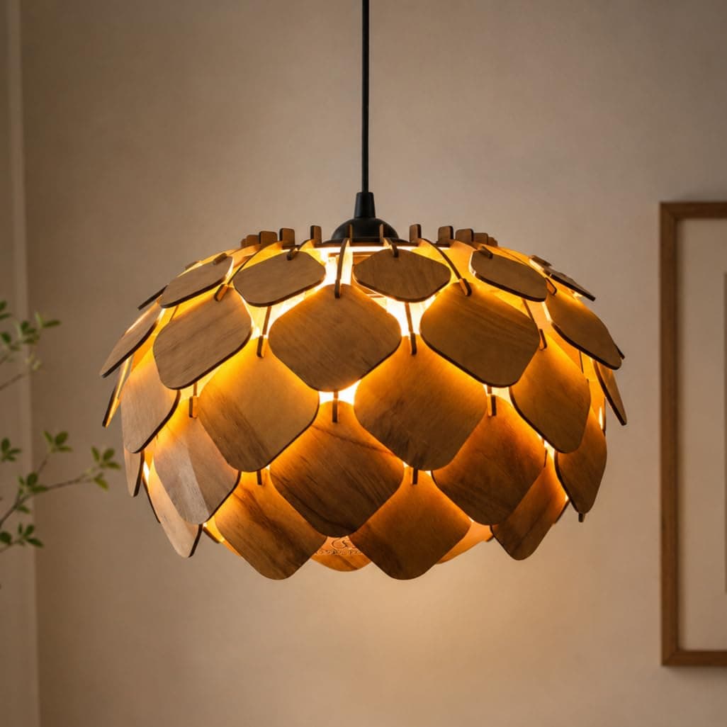 woodiography Wood Pinecone Pendant lamp, Wooden Ceiling lamp, Wooden Hanging lamp handicrafted Home decore Chandelier Light (Lotus 2B)