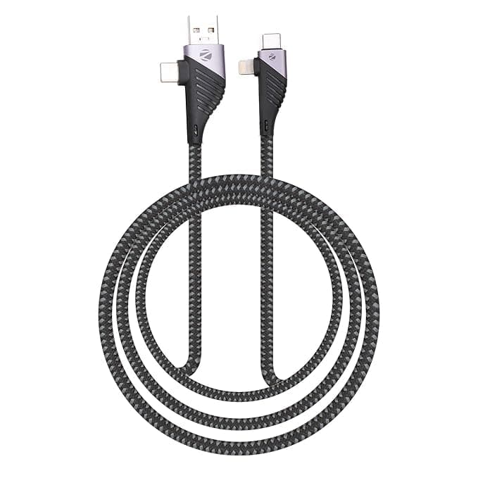 Zebronics UCLC65B 65 Watts PD Fast charging 4 in 1 cable with USB/Type C to Type C/Lightning connector, 1 meter braided cable for smartphones tablets and Laptops