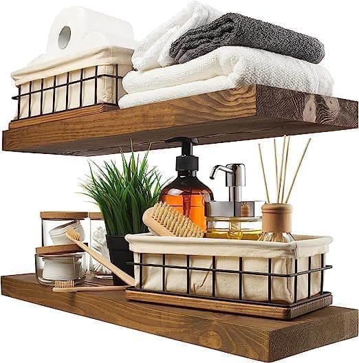 ODEJIA Solid Sheesham Wood Floating Shelves Set of 2 – 17 Inch Rustic Wall Shelf for Living Room, Bedroom, Kitchen & Bathroom – Wide Wooden Wall Storage Rack – Walnut Finish – Made in India