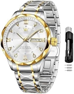 Generic Luxury Watches for Men Diamond Date Day Calendar White Wrist Watches Quartz Analog Stainless Steel Business Two Tone Waterproof Luminous Men Watch