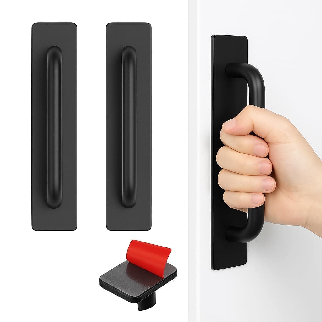 DHVSAM Adhesive Cabinet Handles, Self-Stick Instant Cabinet Handles Alloy No Drilling Push Pull Handles Helper for Kitchen Cabinet Drawer Window Sliding Closet (Black, 2 Pcs)