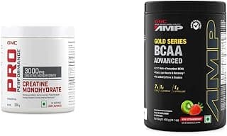 GNC Pro Performance Creatine Monohydrate 3000 Mg Supplement Powder - 250 G & Amp Gold Series BCAA Advanced - 400 Grams (Kiwi Strawberry),30 Servings