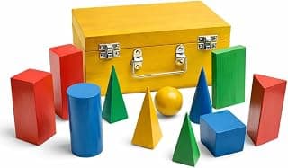 Wooden Geometric Shapes Set for Students & Teachers | 3D Geometry Model Kit in Wooden Box | Educational Math & Physics Teaching Aids. 12-Piece (Multicolor, Small)