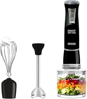 INALSA Hand Blender 1000 Watts with Chopper, Whisker| Variable Speed & Turbo Speed Function|100% Copper Motor|0.6Liter|Low Noise |Anti-Splash Technology|Home&kitchen|2 Year Warranty (Robot Inox 1000E)