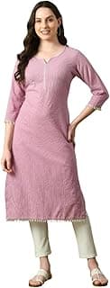 Amazon Brand - Tavasya Women Cotton Katha Straight Regular Fit Kurta | Solid Ethnic Kurti | 3/4 Sleeve Casual & Office Wear |Kurta for Women