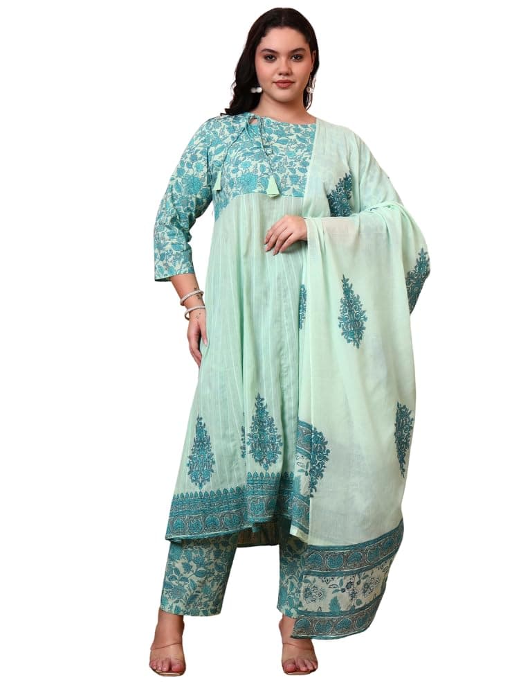 Yash Gallery Women Cotton Regular Fit Green Dobby Calf Length 3/4th Sleeve Printed Anarkali Kurta Set with Pant & Dupatta