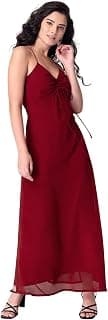 FabAlley Women's Georgette Red Noodle Strap Ruched Maxi Dress Western