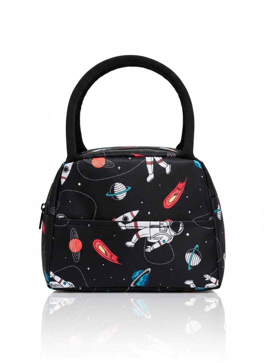 ShortWell Kids Insulated Lunch Bag with Space Astronaut Print, Black | Zippered Closure, Front Pocket, Carry Handle, School & Picnic Use, Boys & Girls
